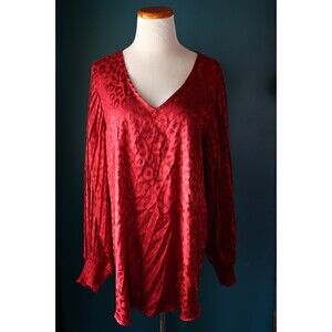 Jodifl Red Satin Leopard Long Pleated Balloon Sleeve V Neck Top Size XL
